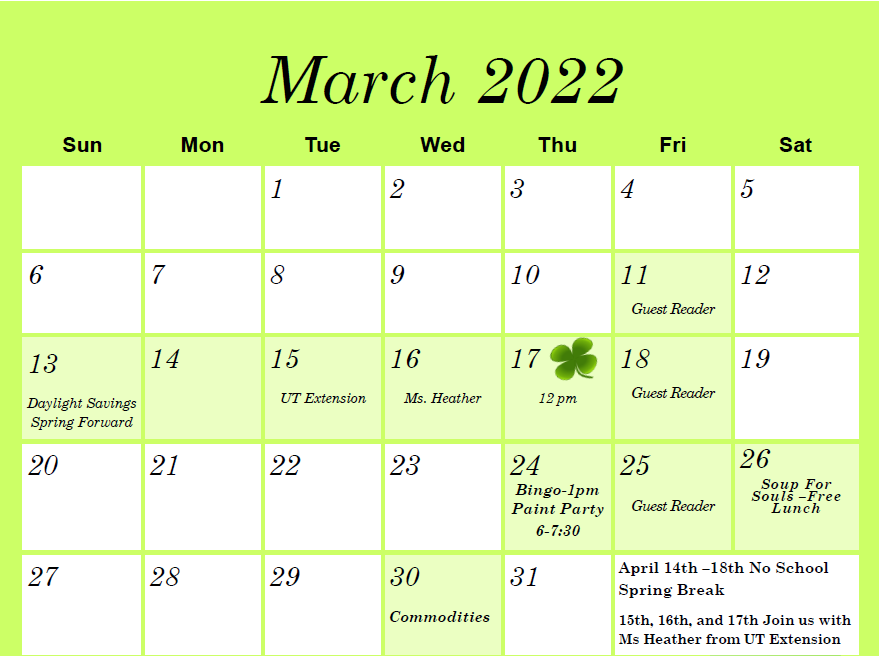 March 2022 Calendar- all content as listed below