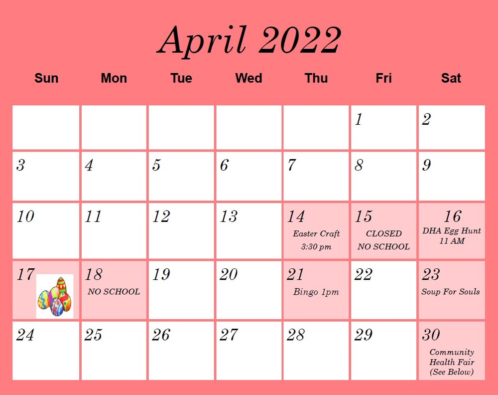 April Calendar - all content as listed below