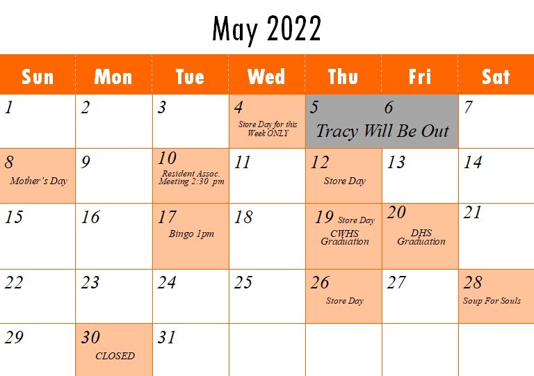 May 2022 Calendar - all info as listed below