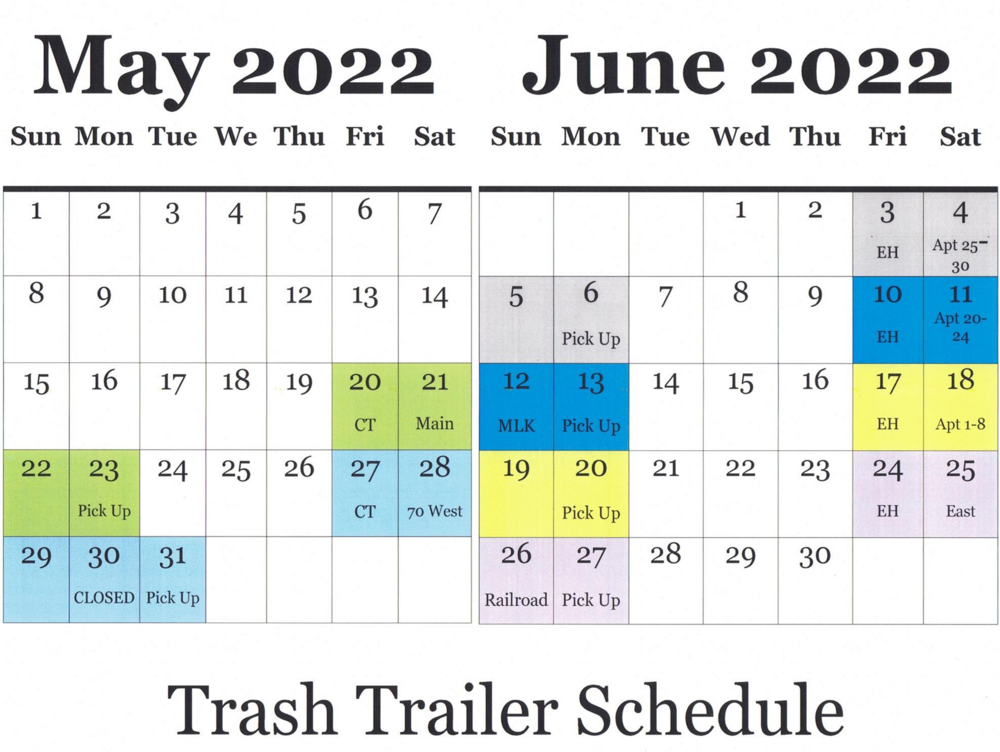 Trash Trailer Schedule - all content as listed below