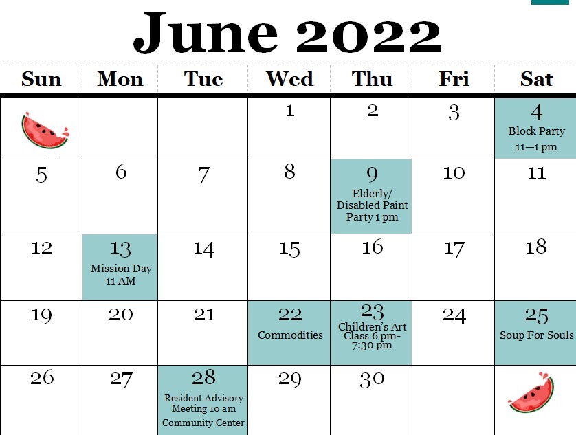 June 2022 Calendar - all content as listed below