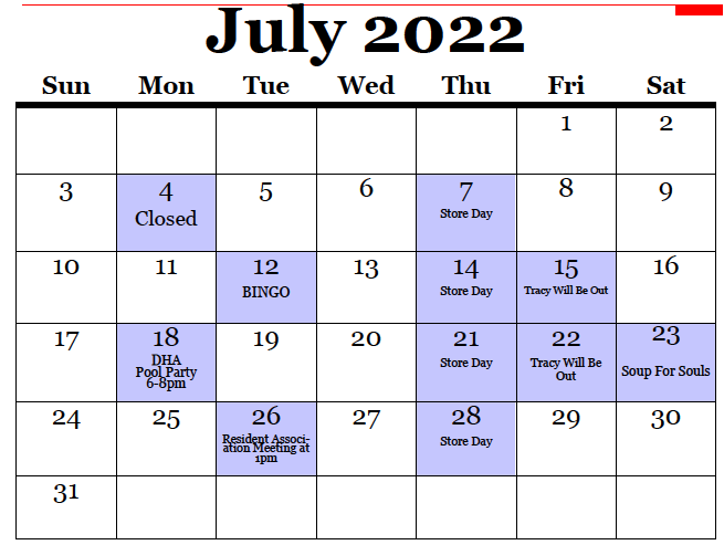 July 2022 Calendar, all information as listed below. 