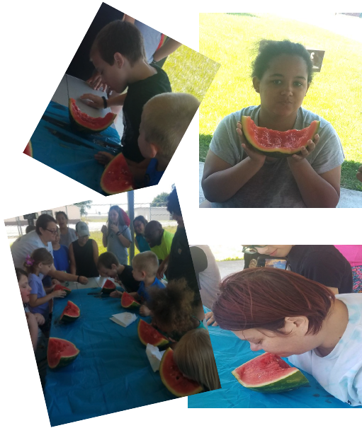 Resident youth enjoying watermelon at a watermelon eating contest. 