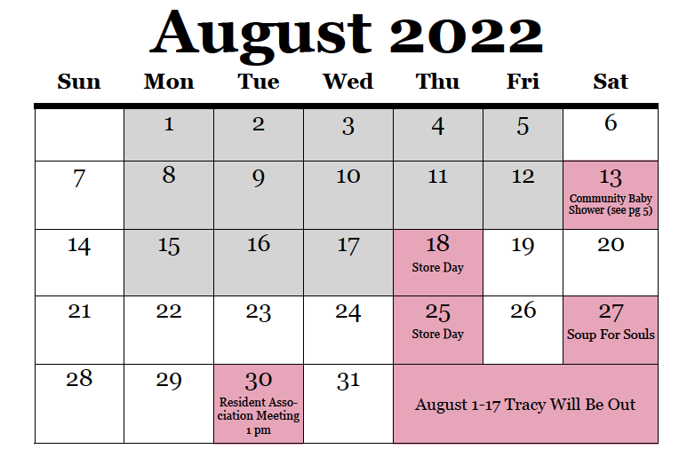 August 2022 Calendar. All information as listed below. 