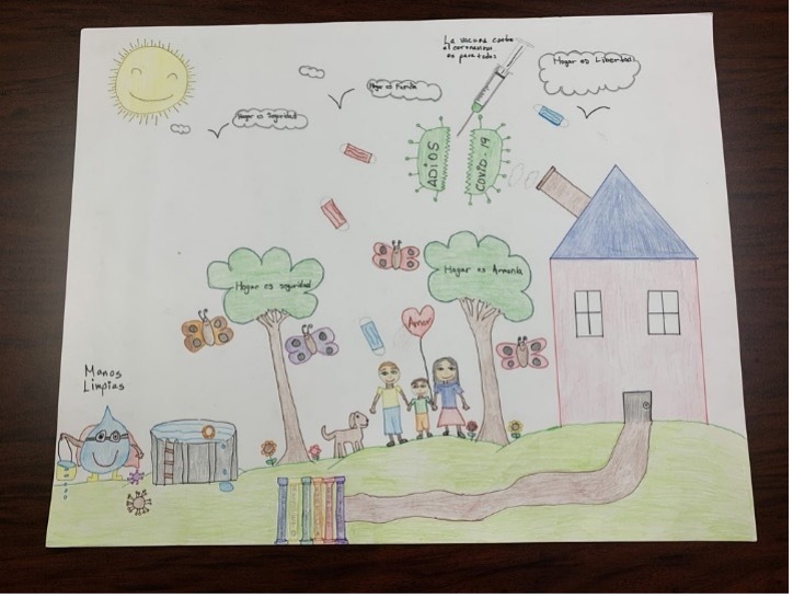 What Home Means to Me Poster Contest, August 2022 winner. The poster features a family standing outside, next to their home and the various reasons of what home means to this person is scattered about. 