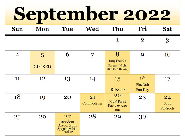 September 2022 Calendar. All information as listed below.