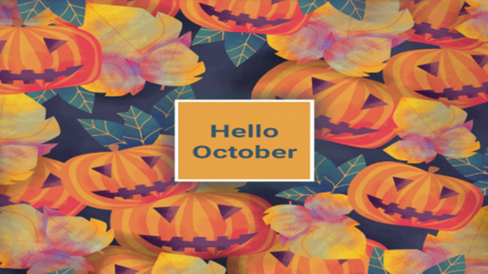 The words Hello October in a pile of leaves and jack-o-lanterns.