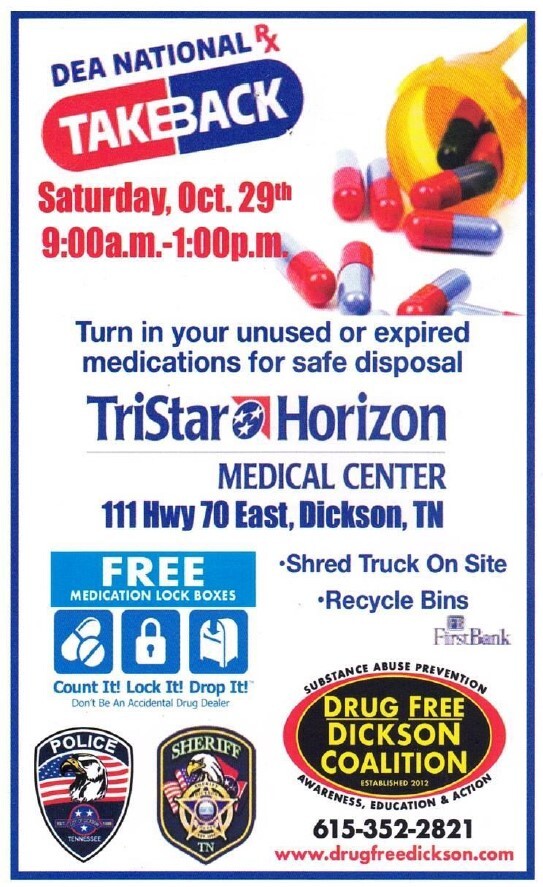 Drug Free Dickson Drug Take Back Flyer. All information from this flyer is listed below.