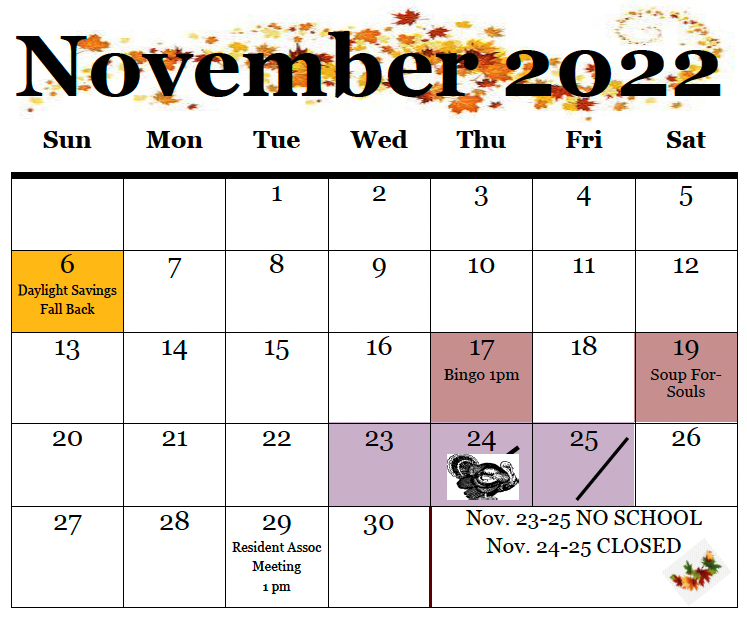 November 2022 Calendar; all information as listed below.