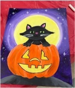 A painting of a cat sitting inside of a pumpkin with the moon shining brightly behind him.