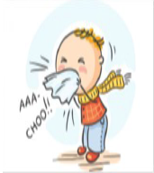 A cartoon drawing of a little boy sneezing - AAA-CHOO - and blowing his nose.
