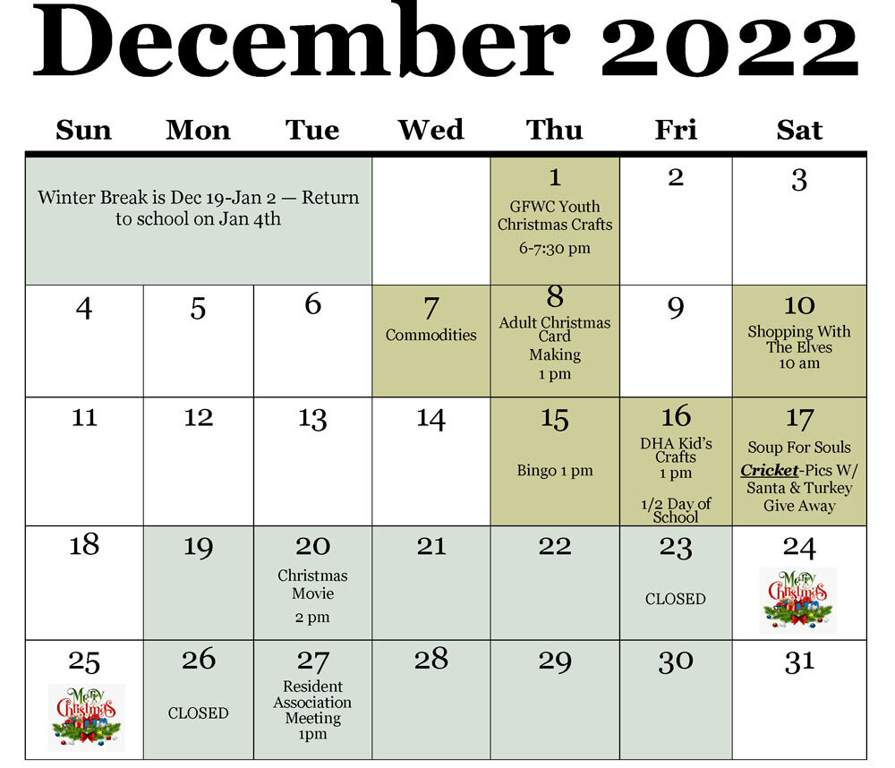 December 2022 Calendar with all information as listed below. 