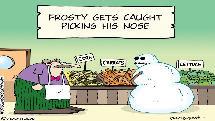 Frosty gets caught picking his nose. A comic panel shows a grocery store worker staring at a snowman that is digging through the carrots in the produce isle.