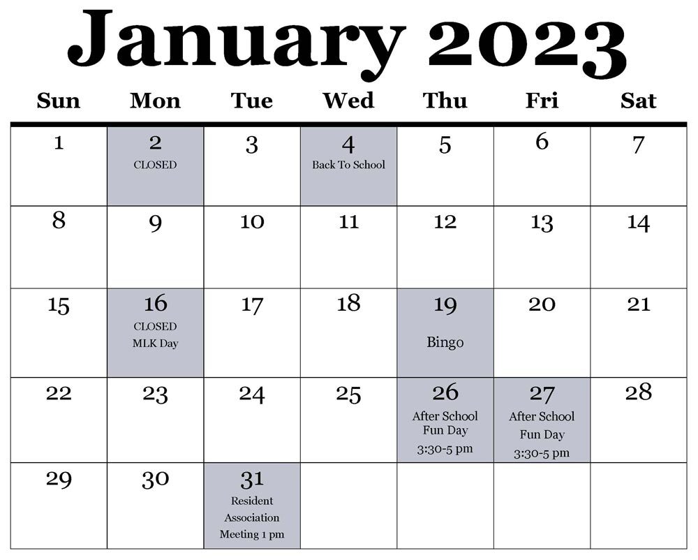 January 2023 calendar, with all information as listed below. 