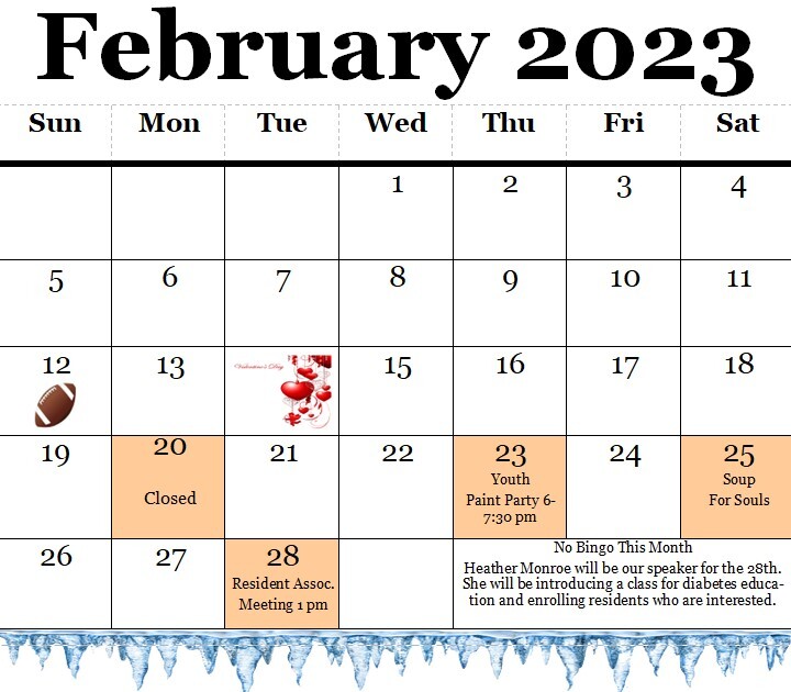 February 2023 Calendar for Dickson Housing. All information from the calendar is listed below.