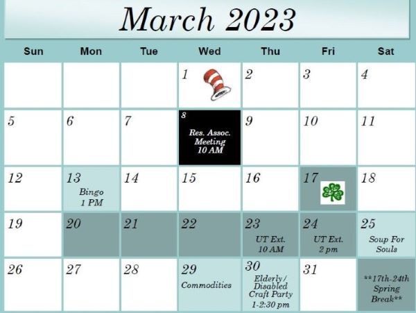 March 2023 Calendar for Dickson Housing. All information from the calendar is listed below.