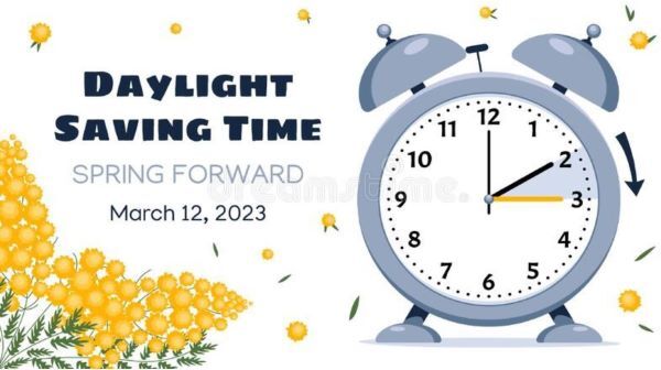Cartoon-style clock showing time moving forward an hour from 2 o'clock to 3 o'clock for Daylight Saving Time on March 12, 2023.