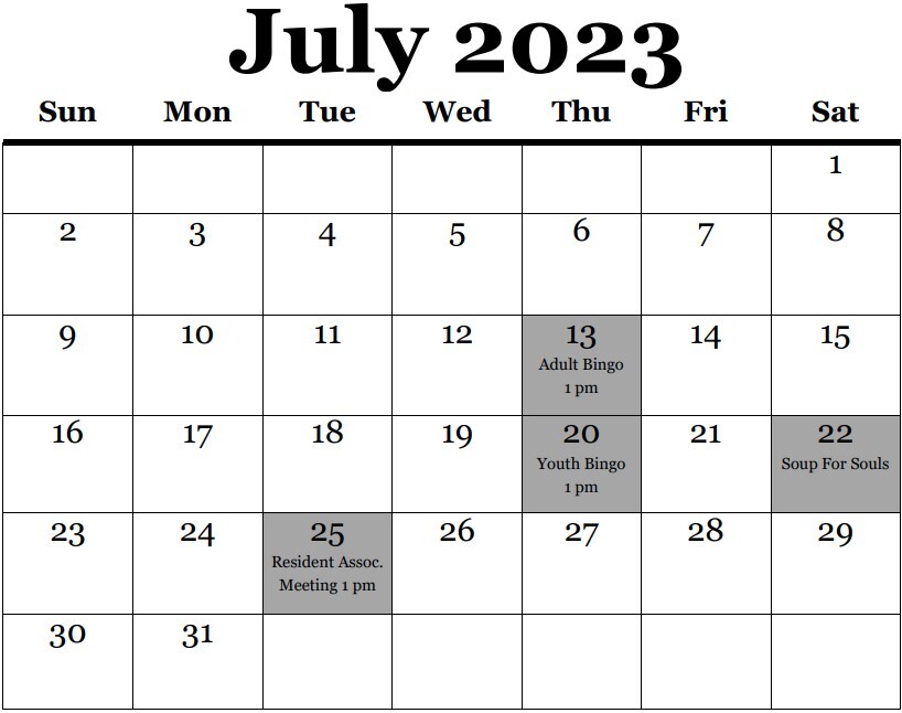 Dickson July 2023 Calendar. All information on calendar is listed below.