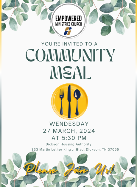 Community Meal Flyer. The information on this flyer is in the text above. 